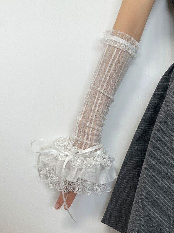 White/Black Cuffs Lolita Lace Self-tie Semi-sheer Sleeves Straps Striped With Ruffled