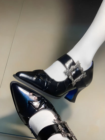 Polished Black 6.5CM Pointed Toe Heels with Bat Wing and Square Buckle Gothic Accents - NRose