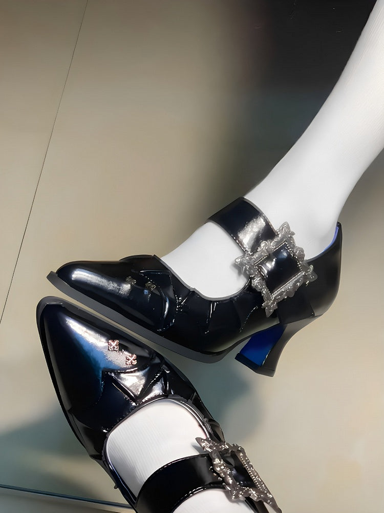 Polished Black 6.5CM Pointed Toe Heels with Bat Wing and Square Buckle Gothic Accents - NRose