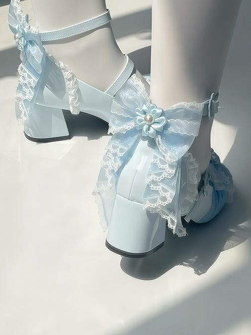 Blue Cherry Flower Sweet Mary Jane Shoes with Lace Bow - XIN MENG