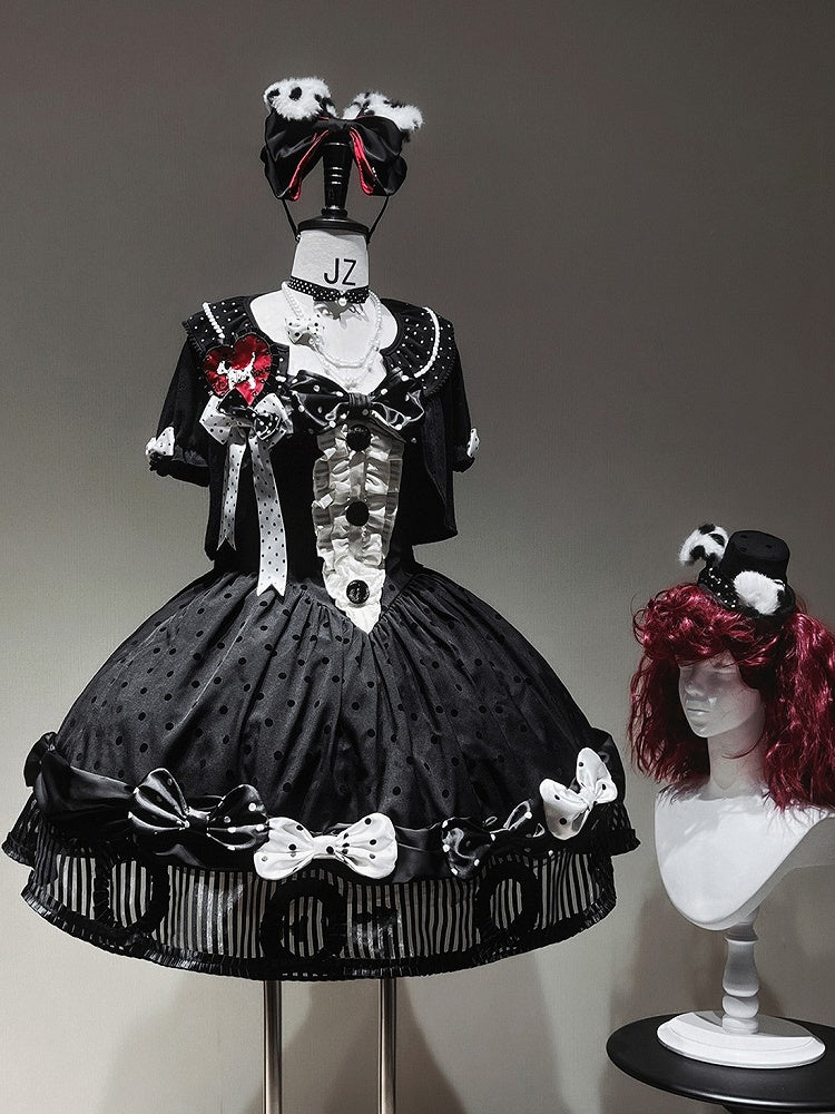 Black White Polka Dot Gothic Lolita Jumper Skirt with Bows Striped Hem - Tan Tuan
