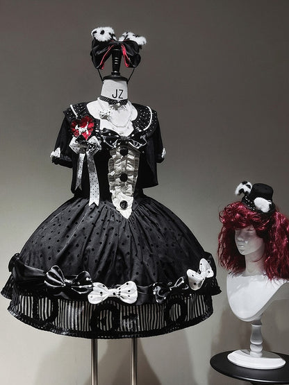 Black White Polka Dot Gothic Lolita Jumper Skirt with Bows Striped Hem - Tan Tuan