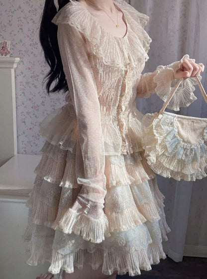 Beige Elegant Lolita Sleeves Blouse with Hem Ruffled Long