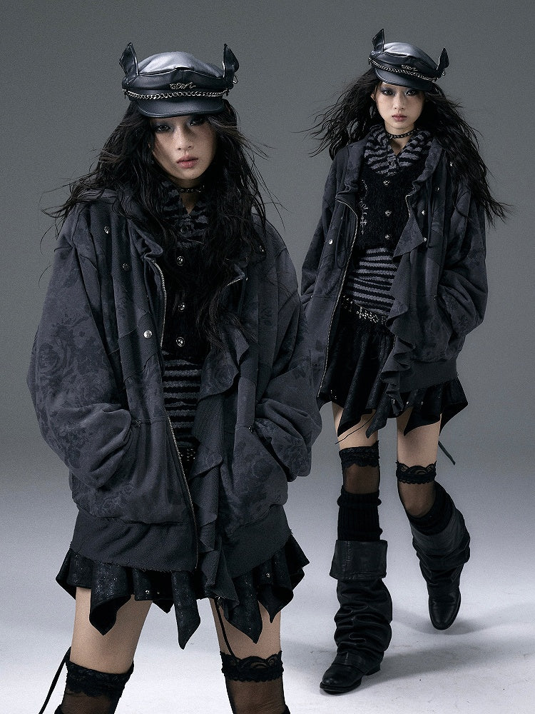 Black and White Stripe Print Jacket with Flounce Hem