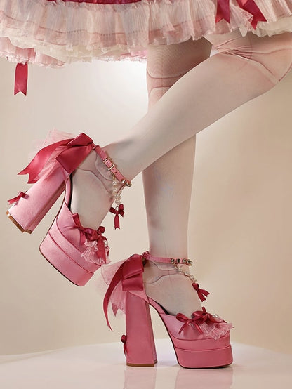 Pink Bows Rhinestone Ankle Strap Block Heel Lolita Shoes with Beaded Chains