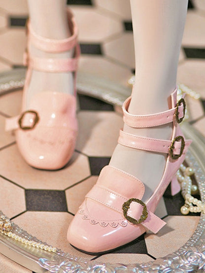 Design Motifs Mary Pink Rose Janes with Elegant Lolita Tri-Buckle