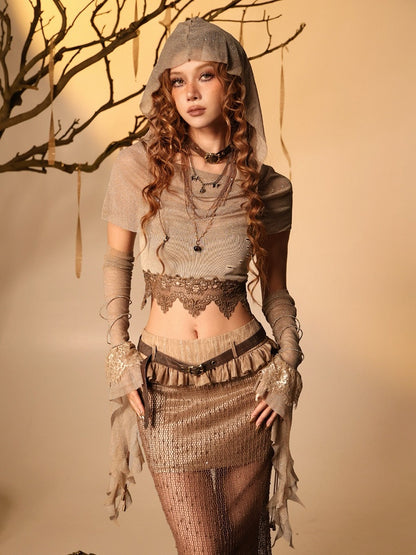 Distressed Brown Cami Top with Lace Edging - Virtual Orbit