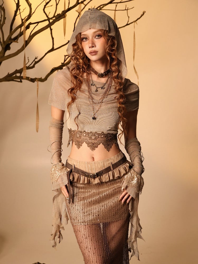 Brown Glitter Sheer Mesh Hood - Virtual Orbit