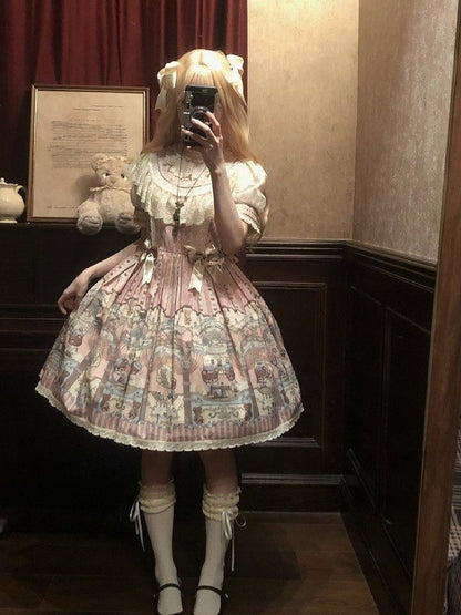 Lolita Pink with Accents Dress Printed Lace-Trimmed Bear Sweet Bow