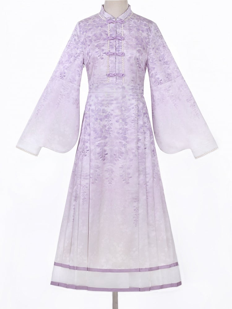 Beige Print Charm Dress Tassel Lolita Han Apron Floral Wisteria Purple + Beaded with