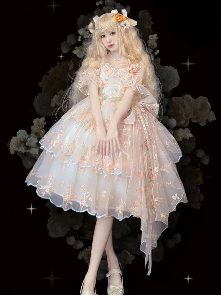 Wrist Full Painting-Inspired Apricot Lolita Skirt + Set Short Elegant Embroidered Cuffs Hanayome JSK - Oil Extension Large Floral Dress White Bow Brooch