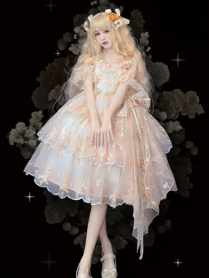 Wrist Full Painting-Inspired Apricot Lolita Skirt + Set Short Elegant Embroidered Cuffs Hanayome JSK - Oil Extension Large Floral Dress White Bow Brooch