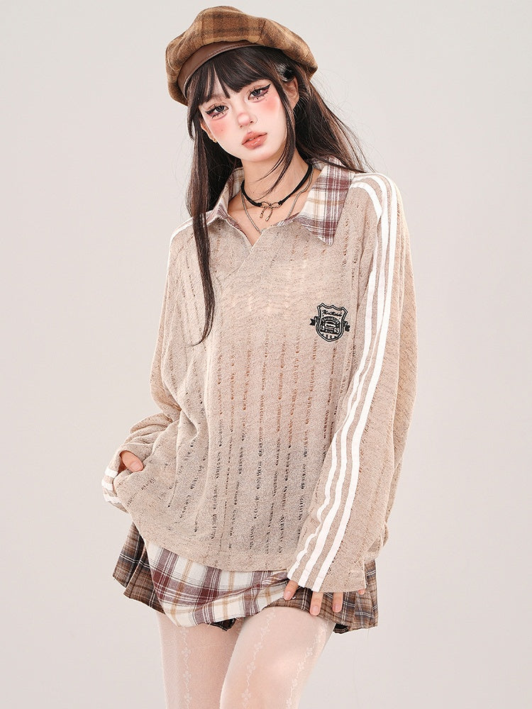 Coffee/White Polo Collar Hollowed-out Semi-sheer Loose Knit Top