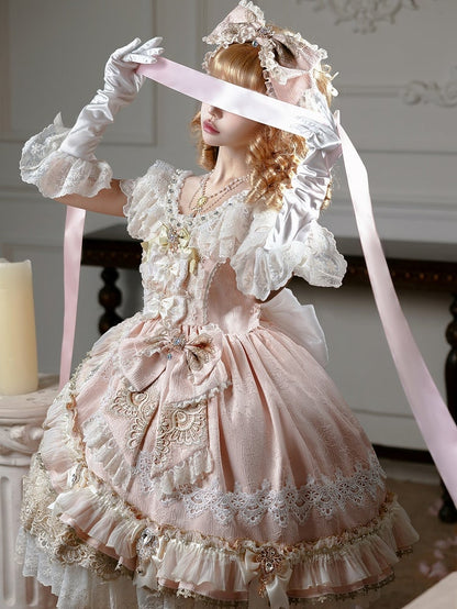 Jumper and Bead Pink Dress Skirt Bow Accents Set Full Princess Jacquard Lolita