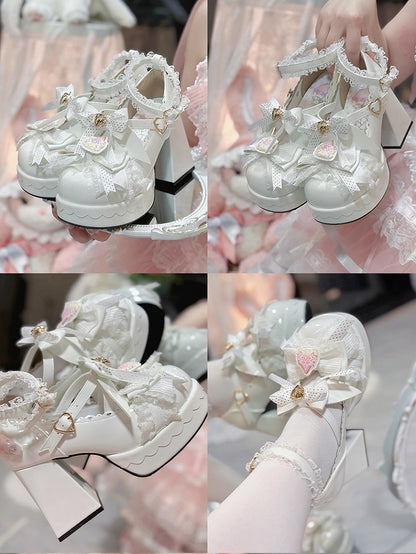 Janes Berry - Heart PU White High Block Mary Bow Fastener Polished Accented Customizable Heel in