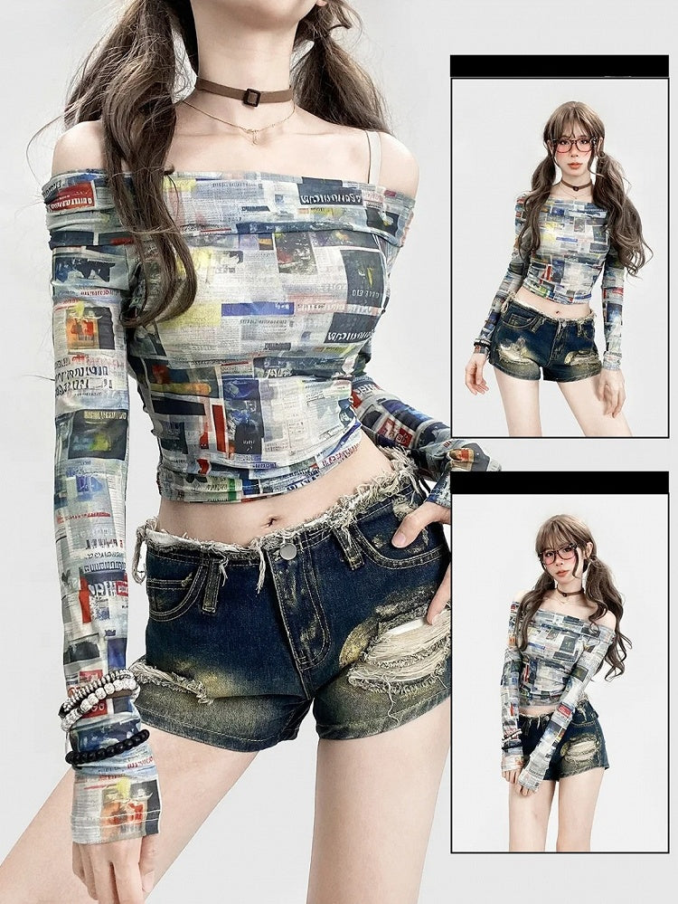Sleeve Y2K Long Print Colorful Newspaper Top Glamorous Neckline Off-the-shoulder