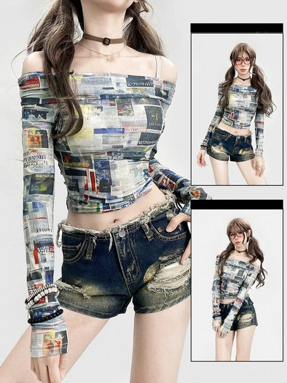 Sleeve Y2K Long Print Colorful Newspaper Top Glamorous Neckline Off-the-shoulder