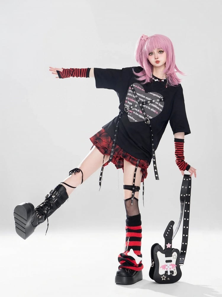 Red With Punk Buckle Metal Straps Print Top Black Heart And