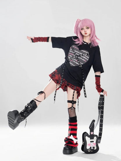 Red With Punk Buckle Metal Straps Print Top Black Heart And