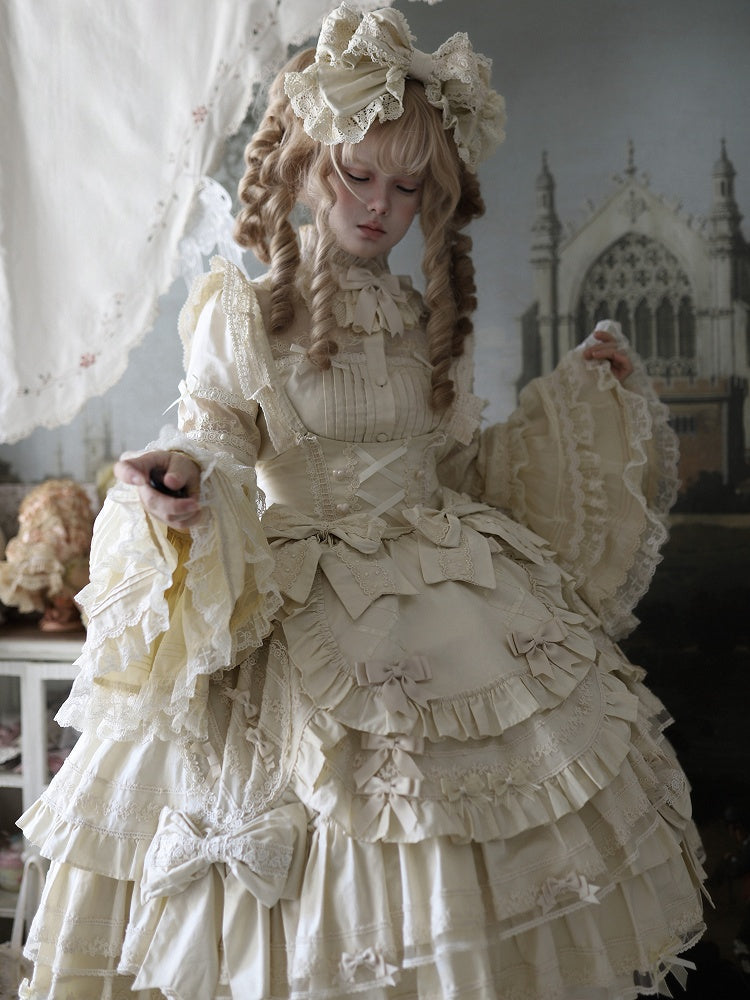 Akzentkleid Beige, mehrlagiger Saum unter Rüschen, süßes Lolita-Kleid mit Schleife an der Brust