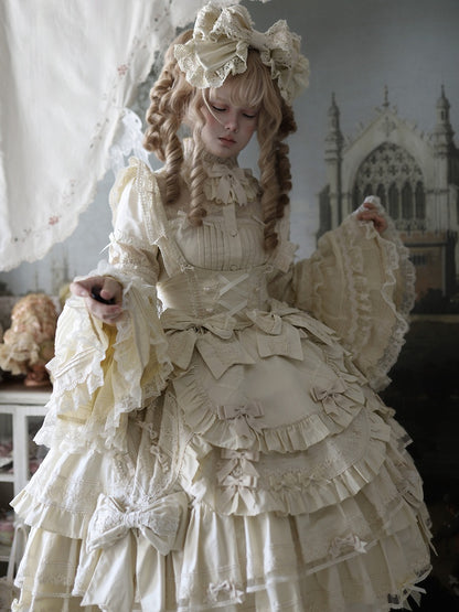 Akzentkleid Beige, mehrlagiger Saum unter Rüschen, süßes Lolita-Kleid mit Schleife an der Brust