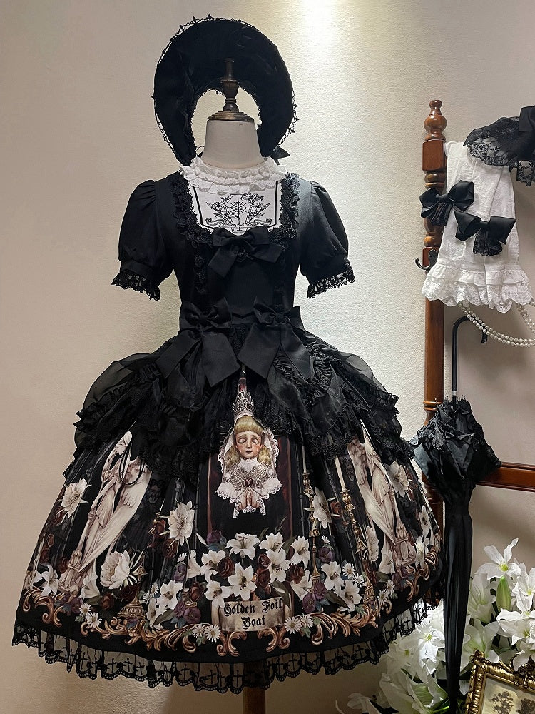 Lily and Puppet Doll Print Black Dark Gothic Lolita Short Sleeves Dress