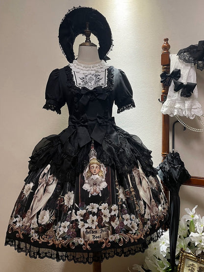 Lily and Puppet Doll Print Black Dark Gothic Lolita Short Sleeves Dress