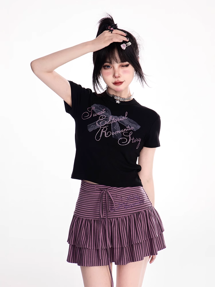 Neck Strass Spitze Bowknot Print Schwarz T-shirt Lila Brief Crew