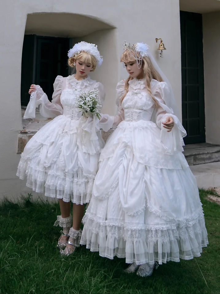 Robe blanche à taille basque Shiro, jupe à cordon de serrage, Hanayome Lolita, manches longues, une pièce