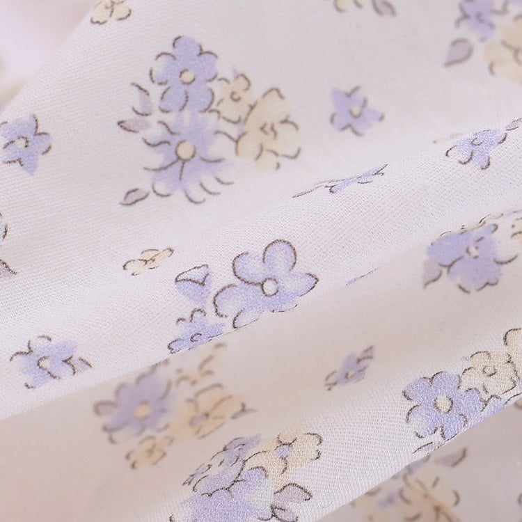 Blue and White Floral Print Top with Ruffle and Lace Details - serendipity