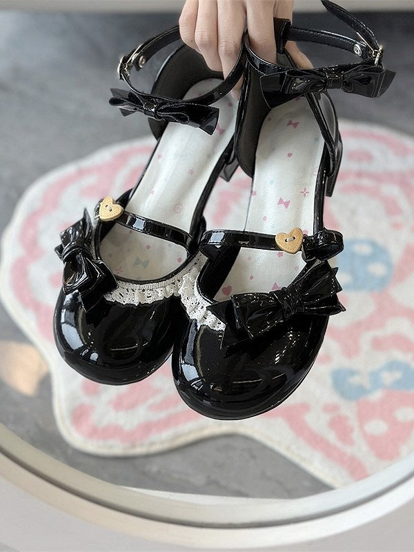 and with PU Sandals Black Lolita Accents Leather Sweet Bow Lace Low-Heel