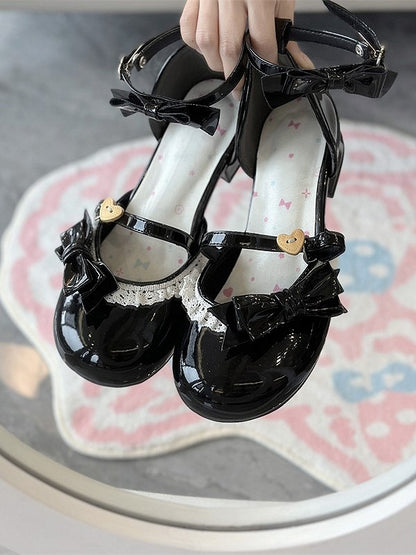 and with PU Sandals Black Lolita Accents Leather Sweet Bow Lace Low-Heel