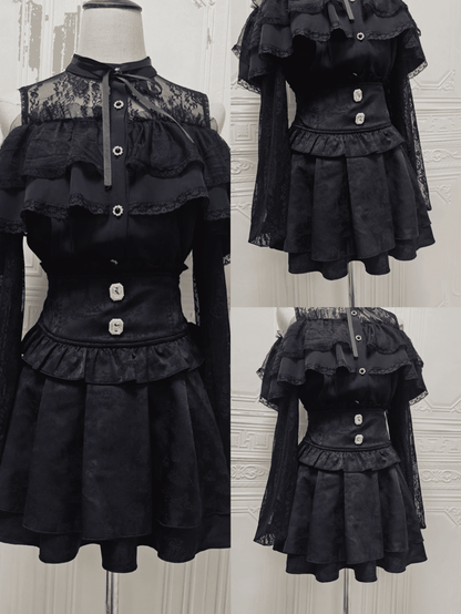 Kei Sweet Jirai Skirt:High-Waist Rhinestone Details Black Jacquardwith Dark Square