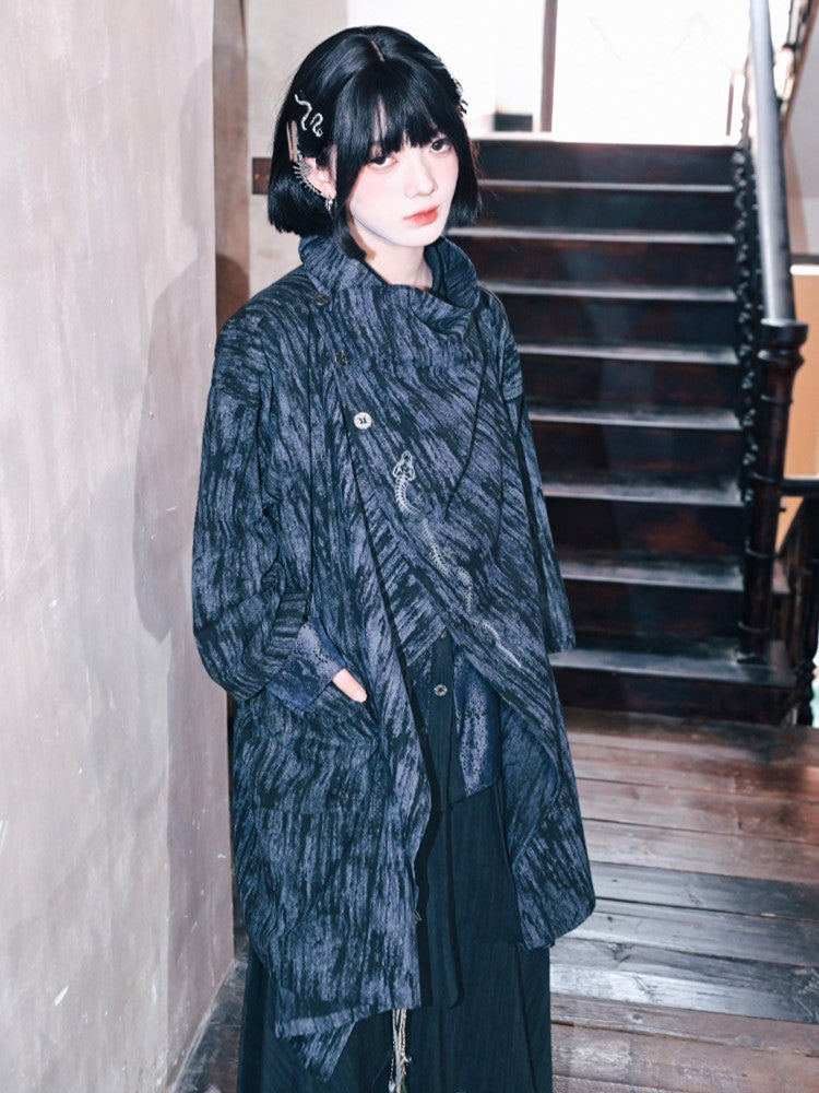 with Asymmetrical Blue Tie Print Cape Dye Jacket Cheongsam Snake
