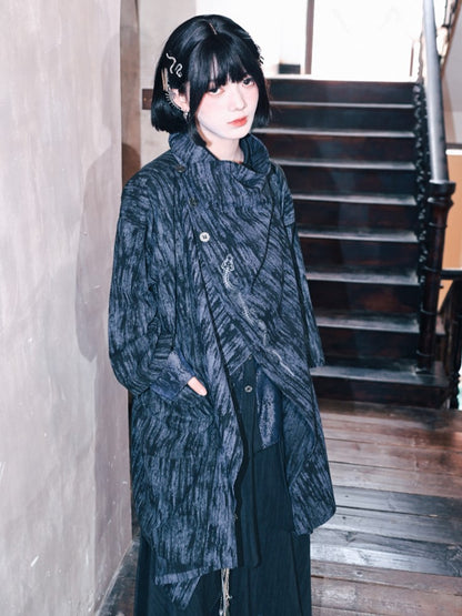 with Asymmetrical Blue Tie Print Cape Dye Jacket Cheongsam Snake