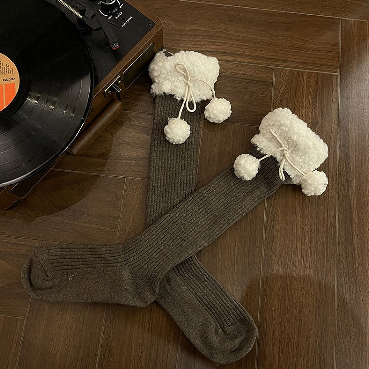 with Slouchy Pom-Pom Ribbed Stockings Sherpa 5-Color Cuff Accents