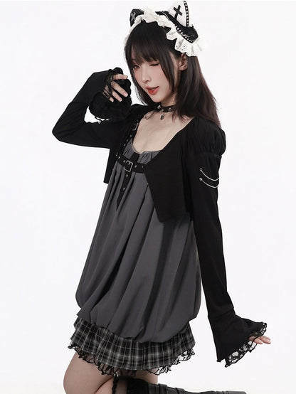 Black & Gray Bubble Hem Cami Dress with Plaid Ruffle & Metal Buckle Accents - PINK SAVIOR