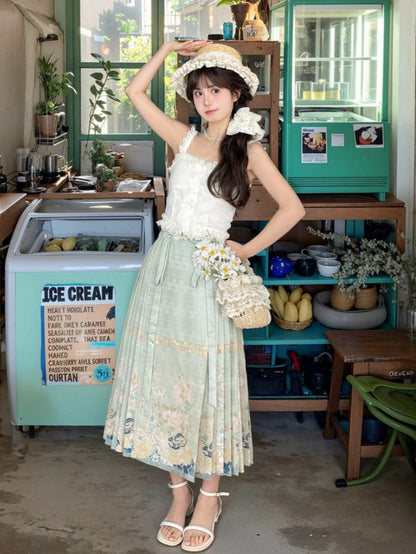 Cheongsam Jacquard Horse-face Embroidery Floral Style Skirt Green Pleated