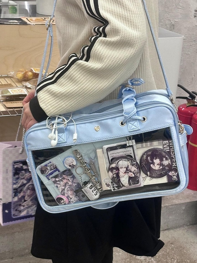 Kawaii Light Blue Satin Ita Bag with Lace-up Bowknot and Heart Buckle - Morning Glory