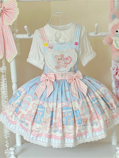 Print Overall Plush Toy Teddy Sweet Blue Dress Bunny Lolita and