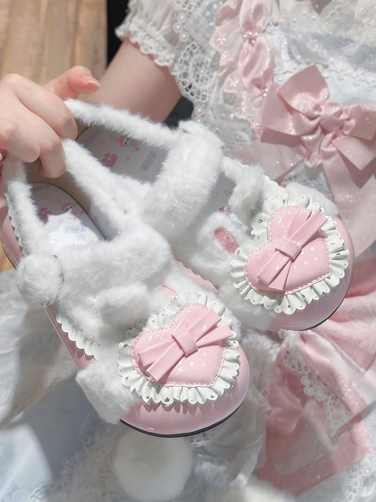 Polka Dot Plush Heart Pink Winter Lolita Round-Toe Shoes - Cute Bunny