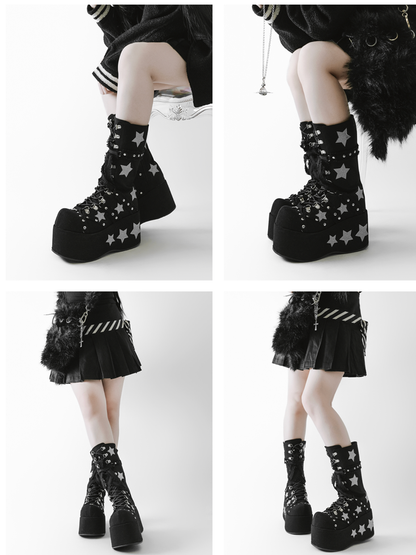 Font Shining Heels Gyaru Chunky Boots Star Plateau Schwarz Schnürung Wadenlang