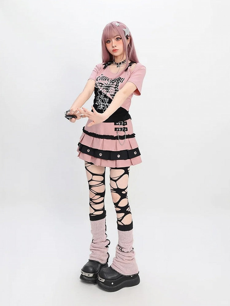 バタフライプリントTシャツ ショートカラーブロック カットアウトショルダーバージョン レッド/ピンク/パープル Y2K