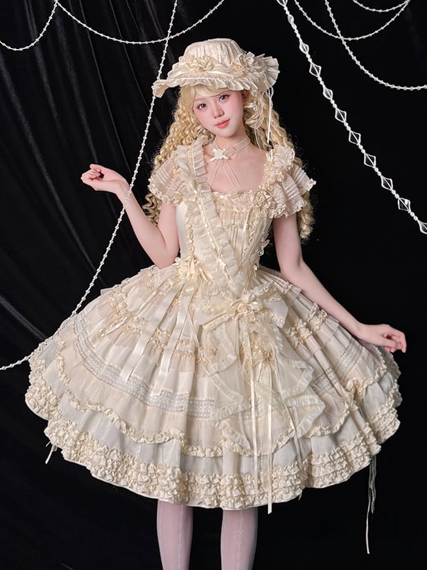 Pleating Details Classic Ruffle Trims Lolita Dress and Elegant Beige