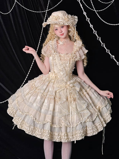 Pleating Details Classic Ruffle Trims Lolita Dress and Elegant Beige