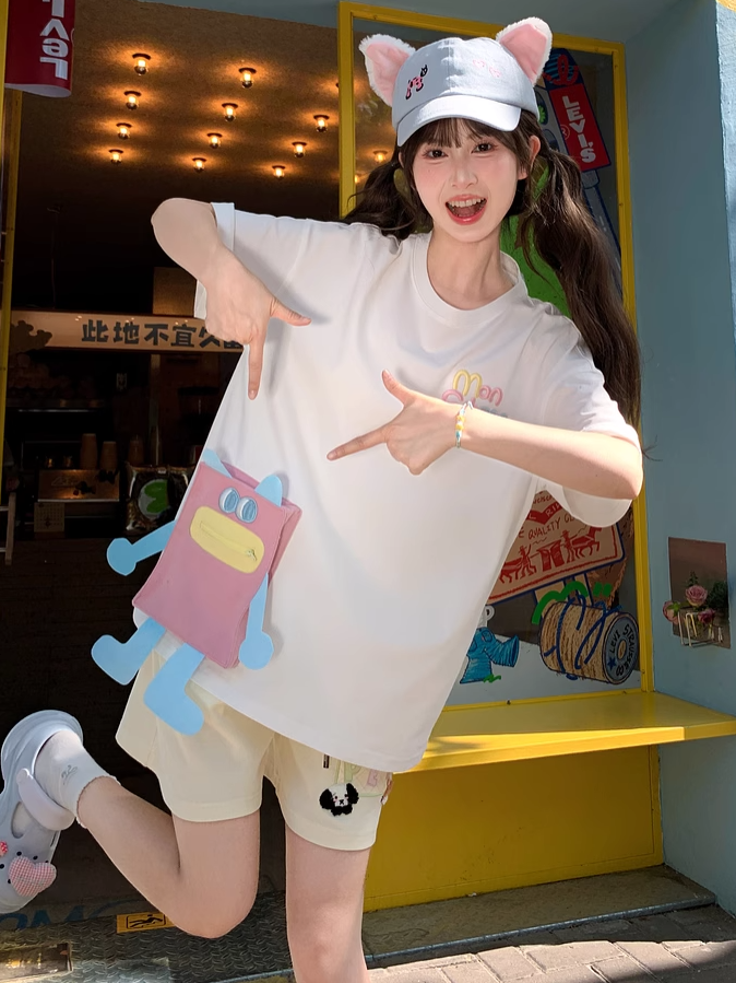 T-Shirt Blau/Rosa Hals Lose Cartoon Tasche Weiß Rund