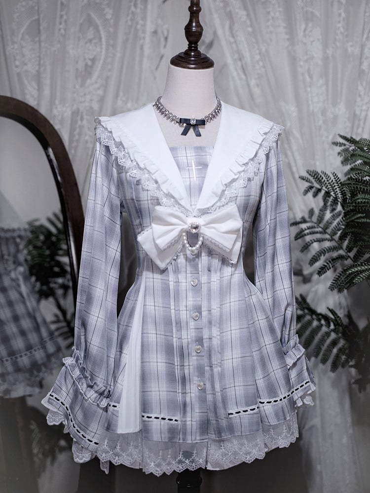 Sleeves Matching Landmine Two-Piece - Top Sailor Bow Shorts Blue + Gray Collar Set Style Bell