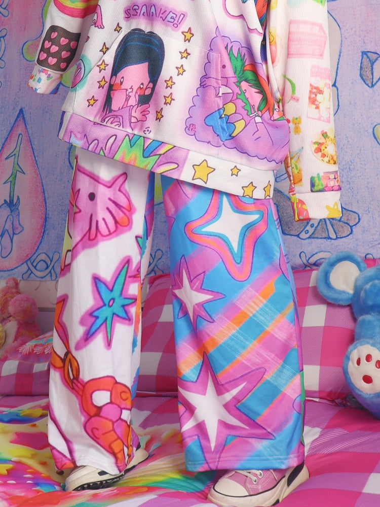 カットアンドプリントのカラフルな漫画パンツスターY2Kワイドレッグ