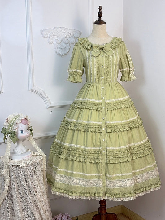 Green Layered Ruffles Elegant Lolita Dress Front Button Placket - Miss Point