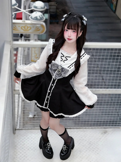 White Set: Jirai Kei Coord with and Collar Black Sailor Matching Nautical Dress Shorts